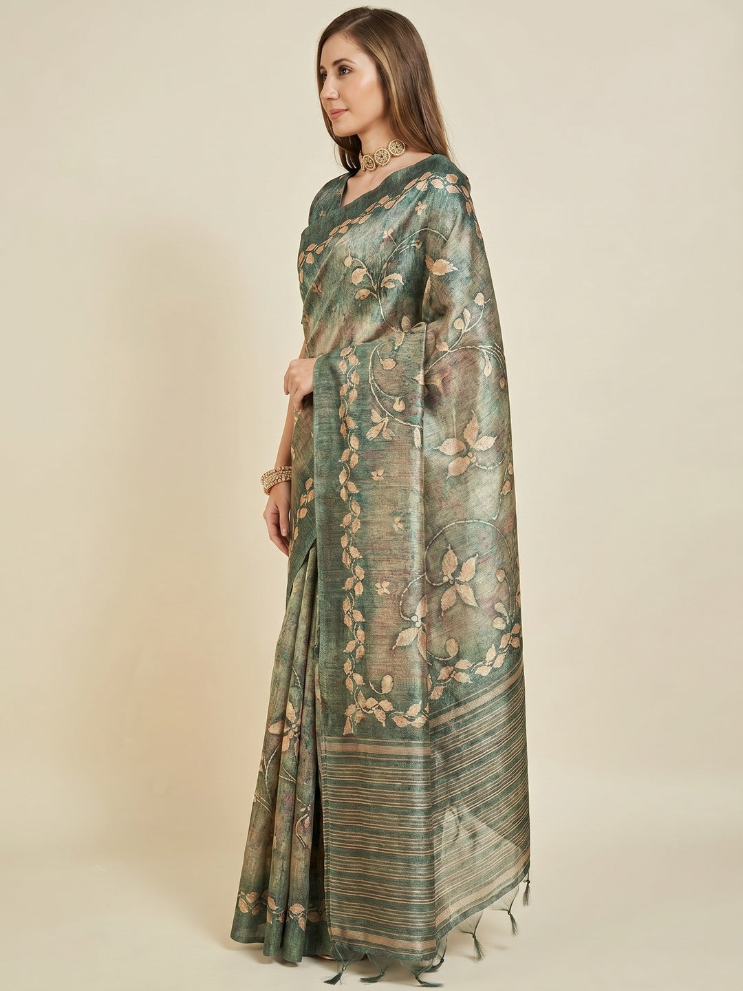 Green Digital Printed Bhagalpuri Silk Saree With Tassels - Image 1