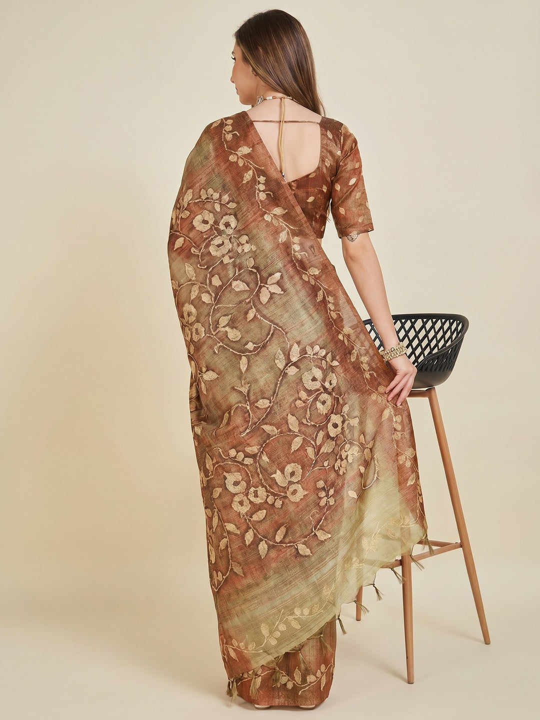 Brown Digital Printed Bhagalpuri Silk Saree With Tassels - Image 2