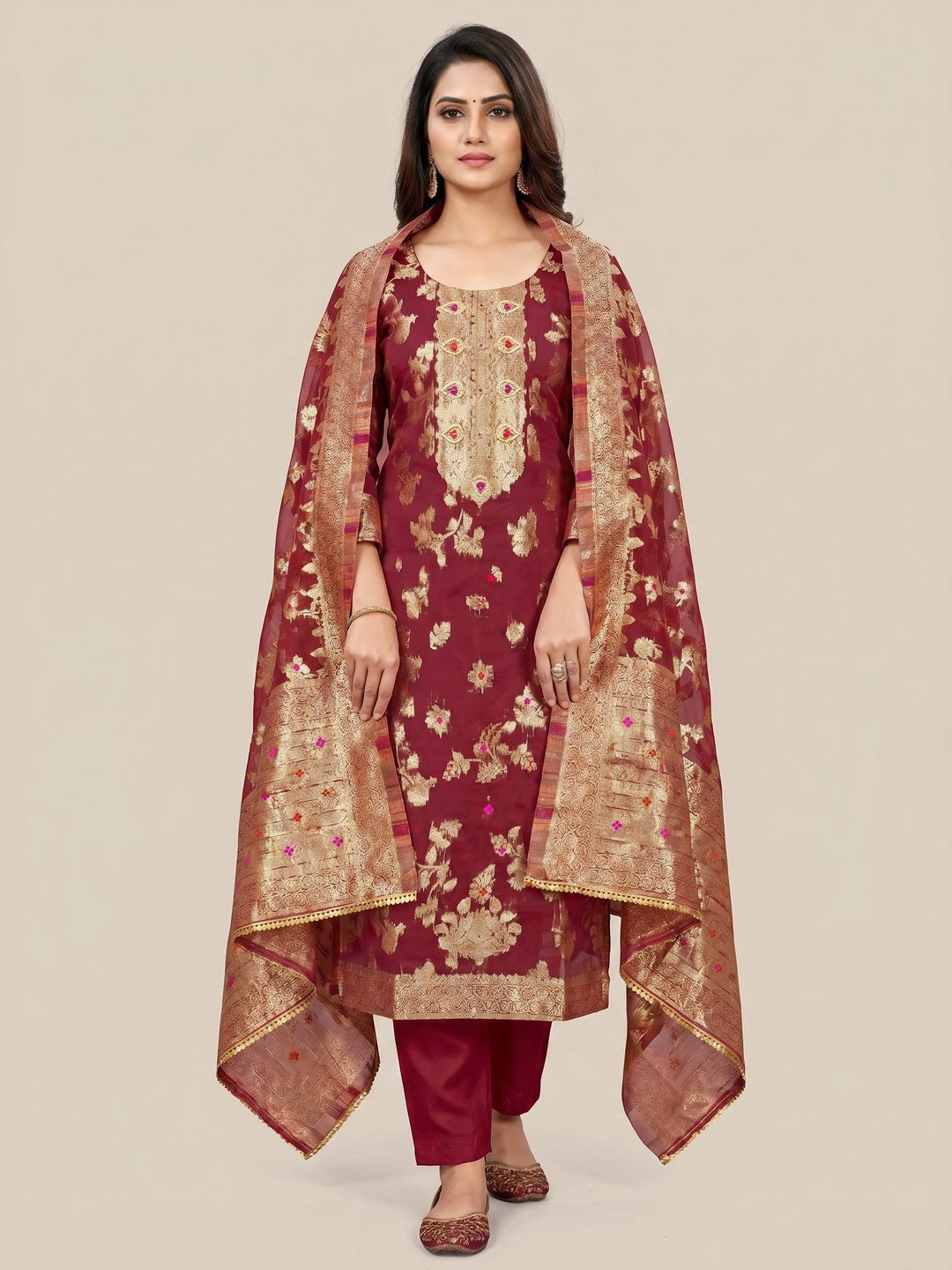 Maroon Woven Organza Dress Material - Image 1