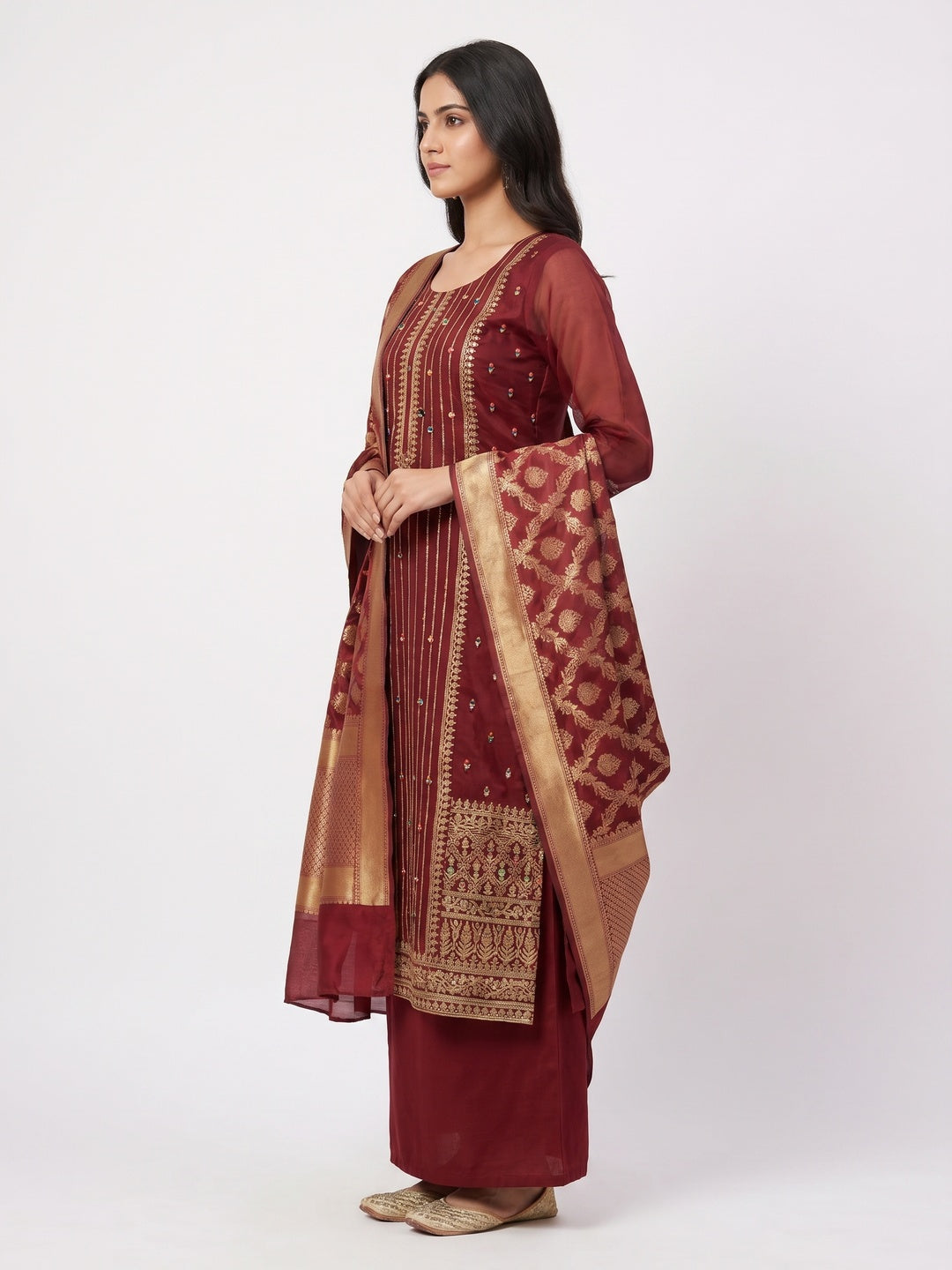 Maroon Woven Organza Dress Material - Image 2