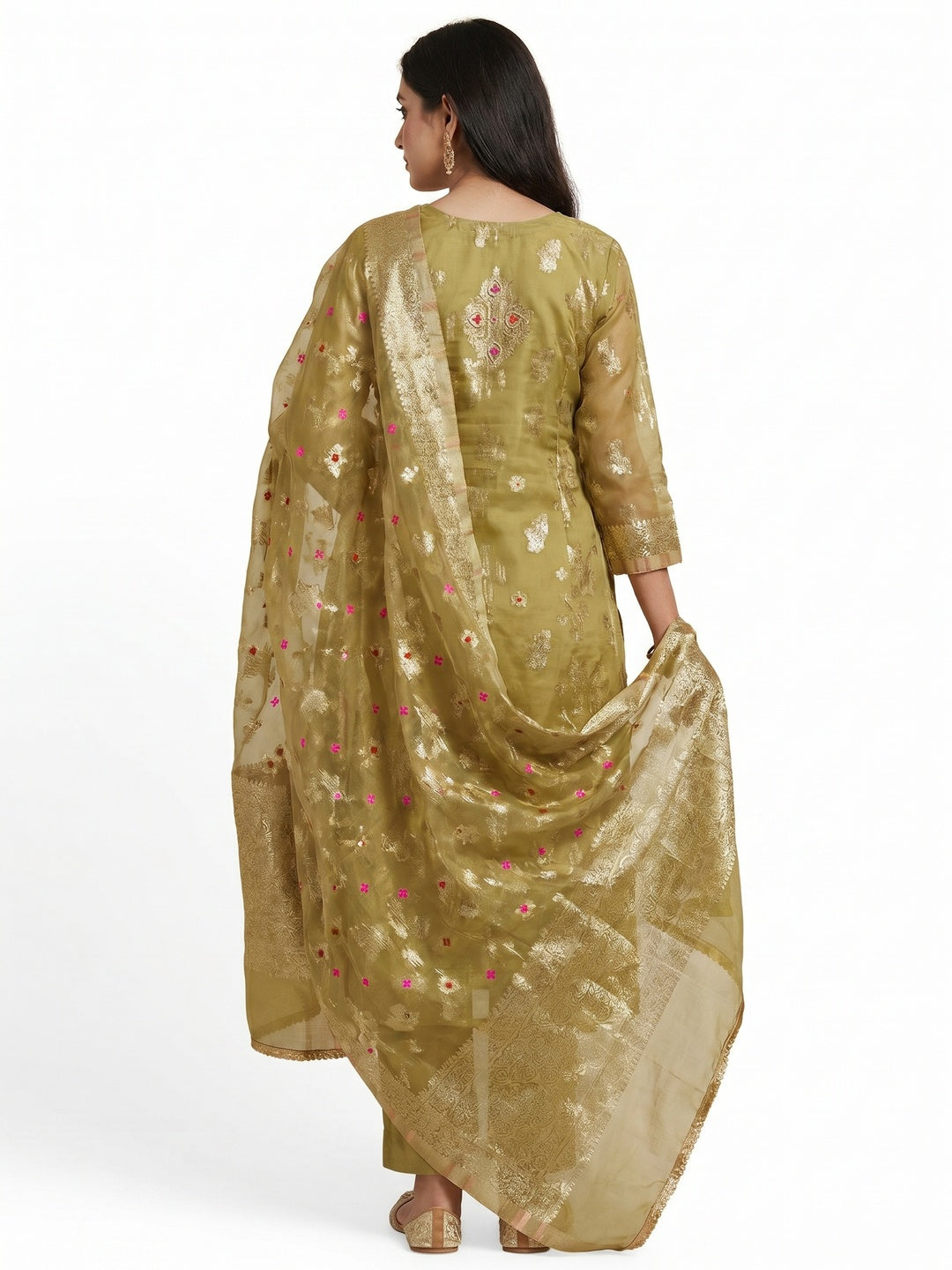 Olive Green Woven Organza Dress Material - Image 1