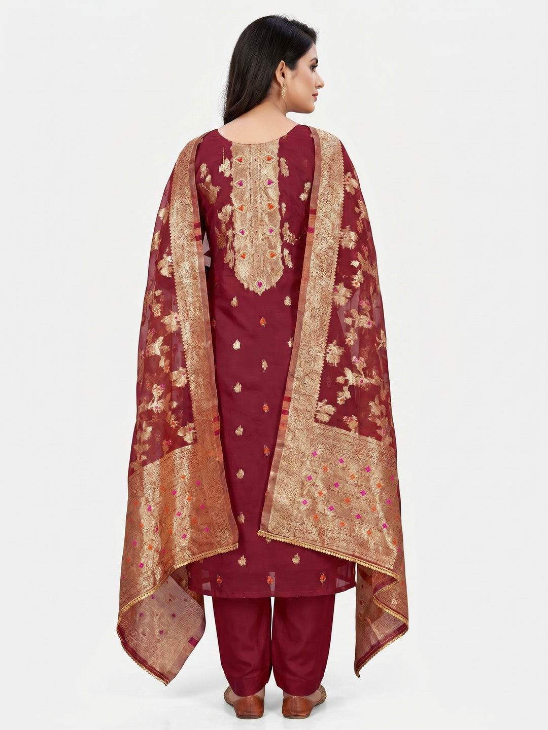 Maroon Woven Organza Dress Material - Image 3