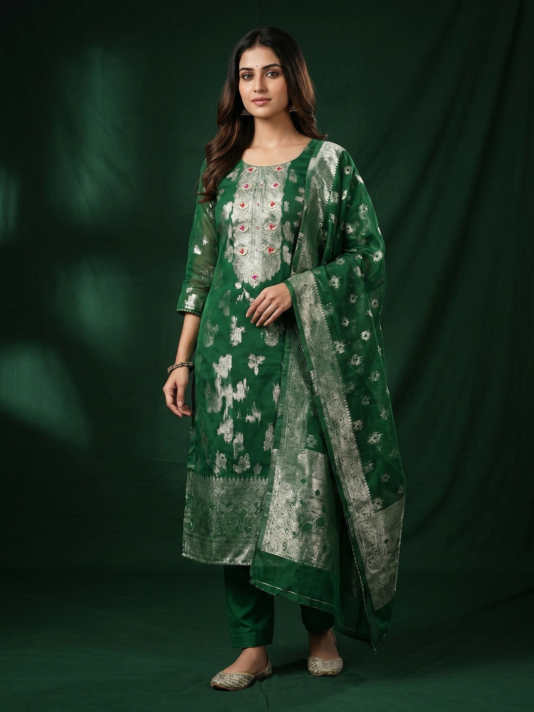 Green Woven Organza Dress Material - Image 1