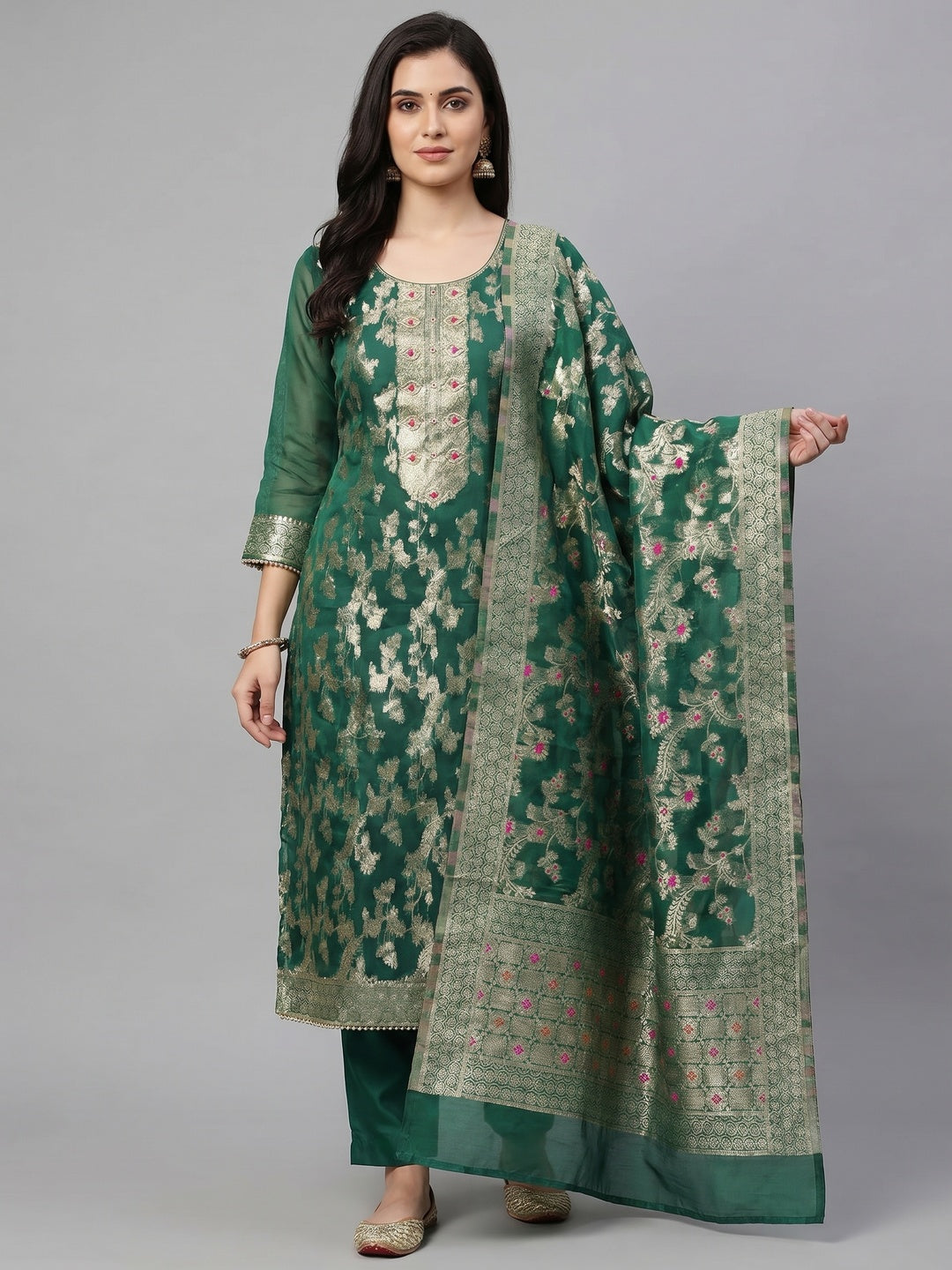 Morpich Green Woven Organza Dress Material - Image 1