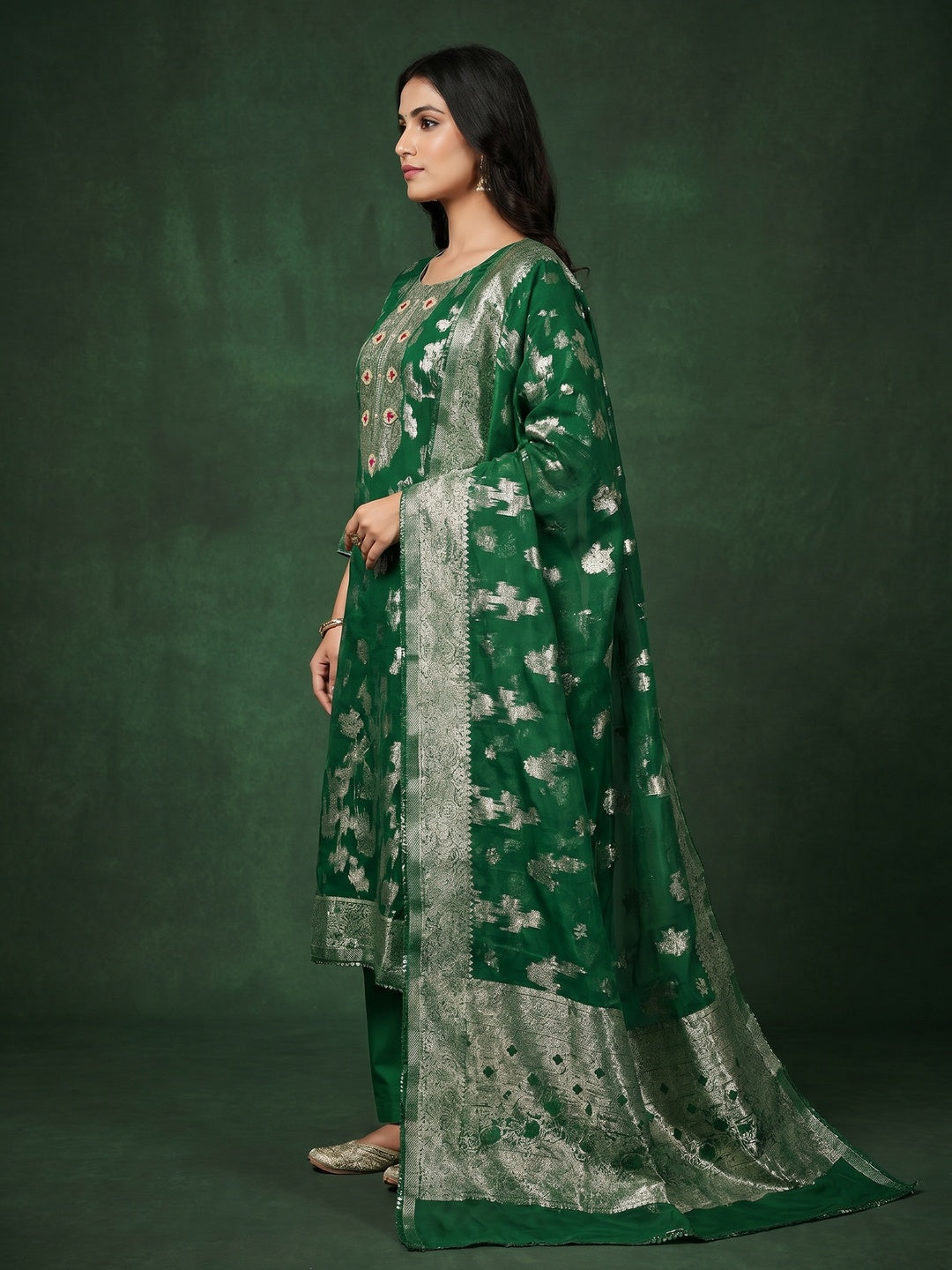 Green Woven Organza Dress Material - Image 2