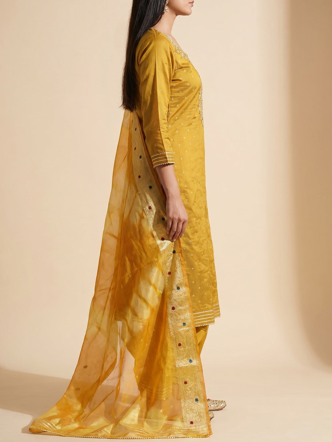Yellow Woven Chanderi Silk Dress Material - Image 3