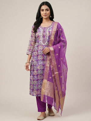Purple Floral Printed With Embroidered Organza Dress Material - Image 1