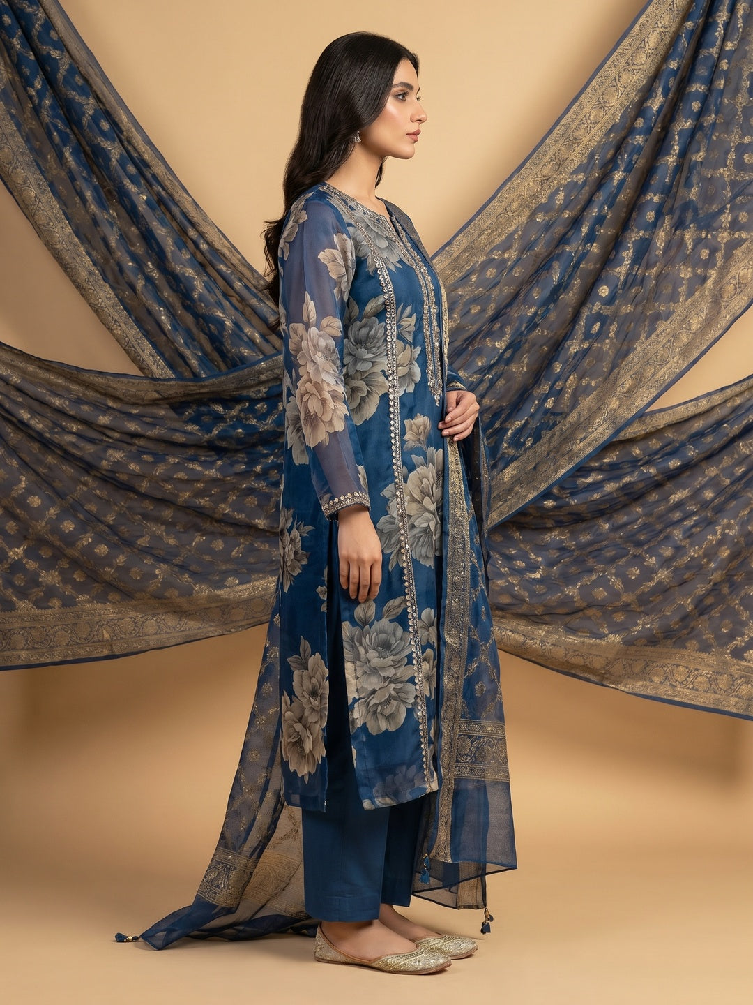 Blue Floral Printed With Embroidered Organza Dress Material - Image 2