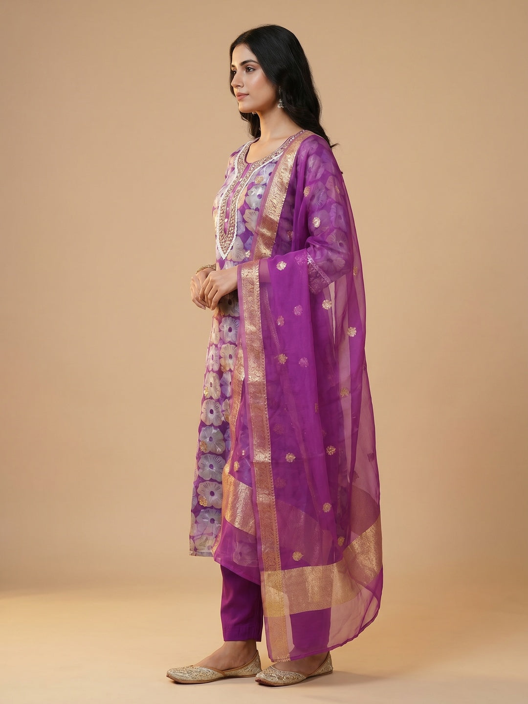 Purple Floral Printed With Embroidered Organza Dress Material - Image 3
