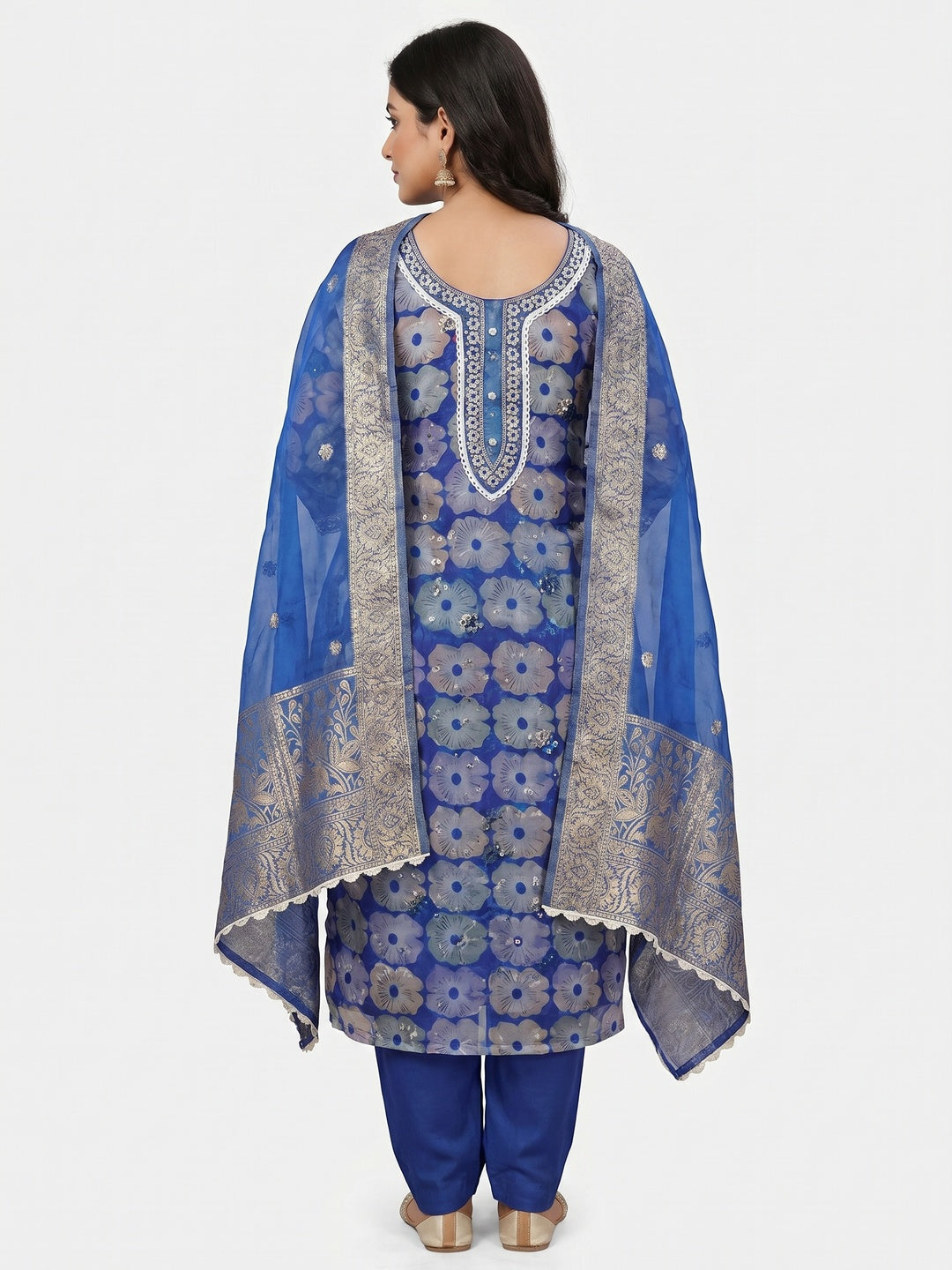 Blue Floral Printed With Embroidered Organza Dress Material - Image 3