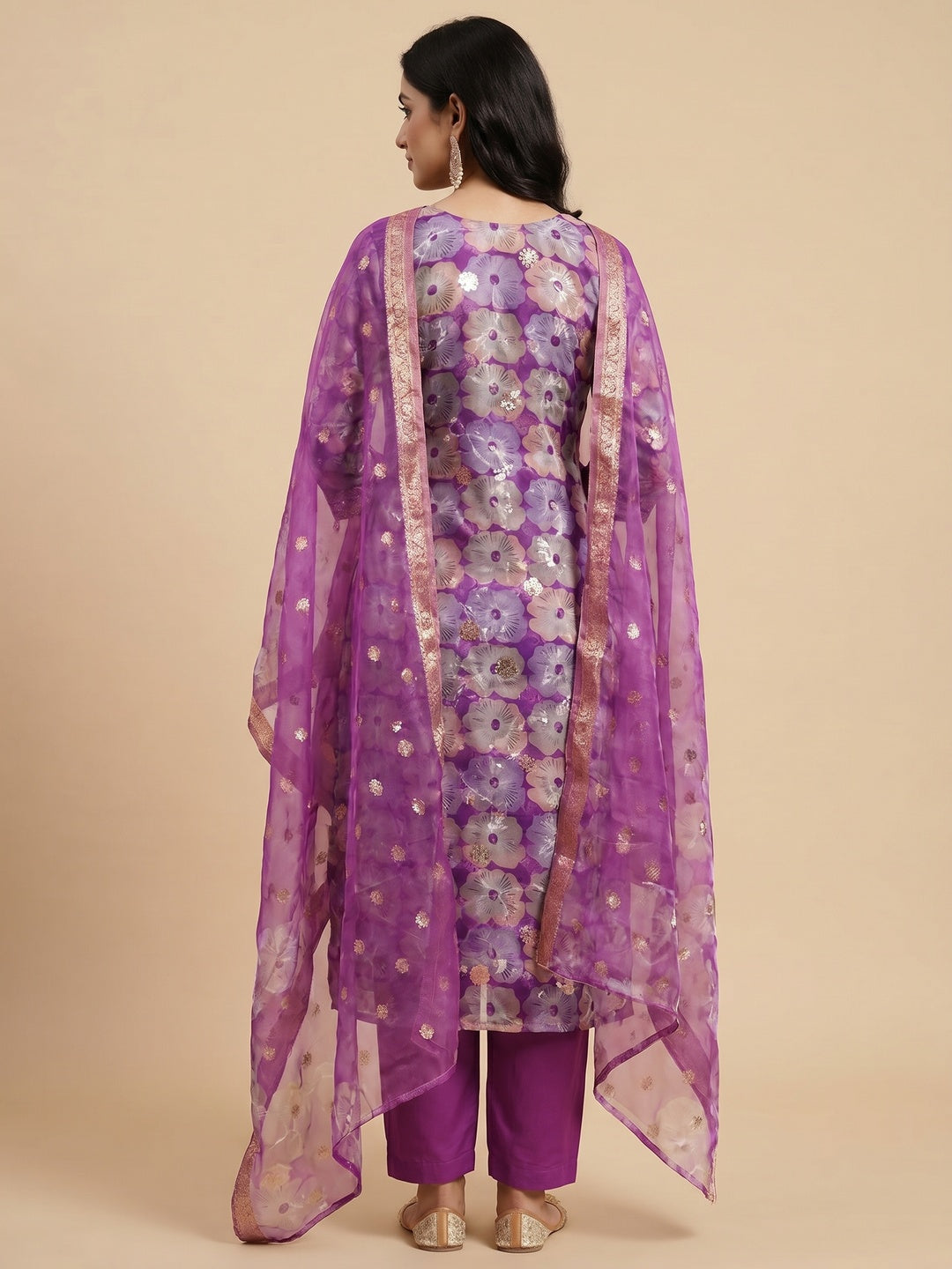 Purple Floral Printed With Embroidered Organza Dress Material - Image 2