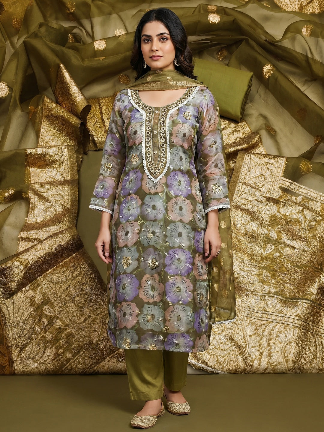 Olive Green Floral Printed With Embroidered Organza Dress Material - Image 1