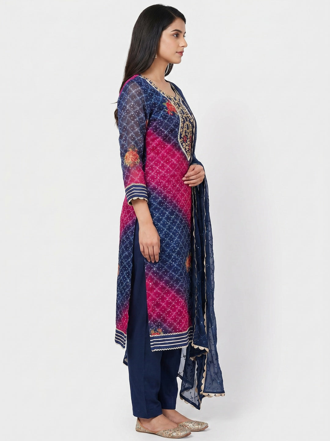 Blue & Pink Sequins Embroidered Organza Dress Material - Image 3