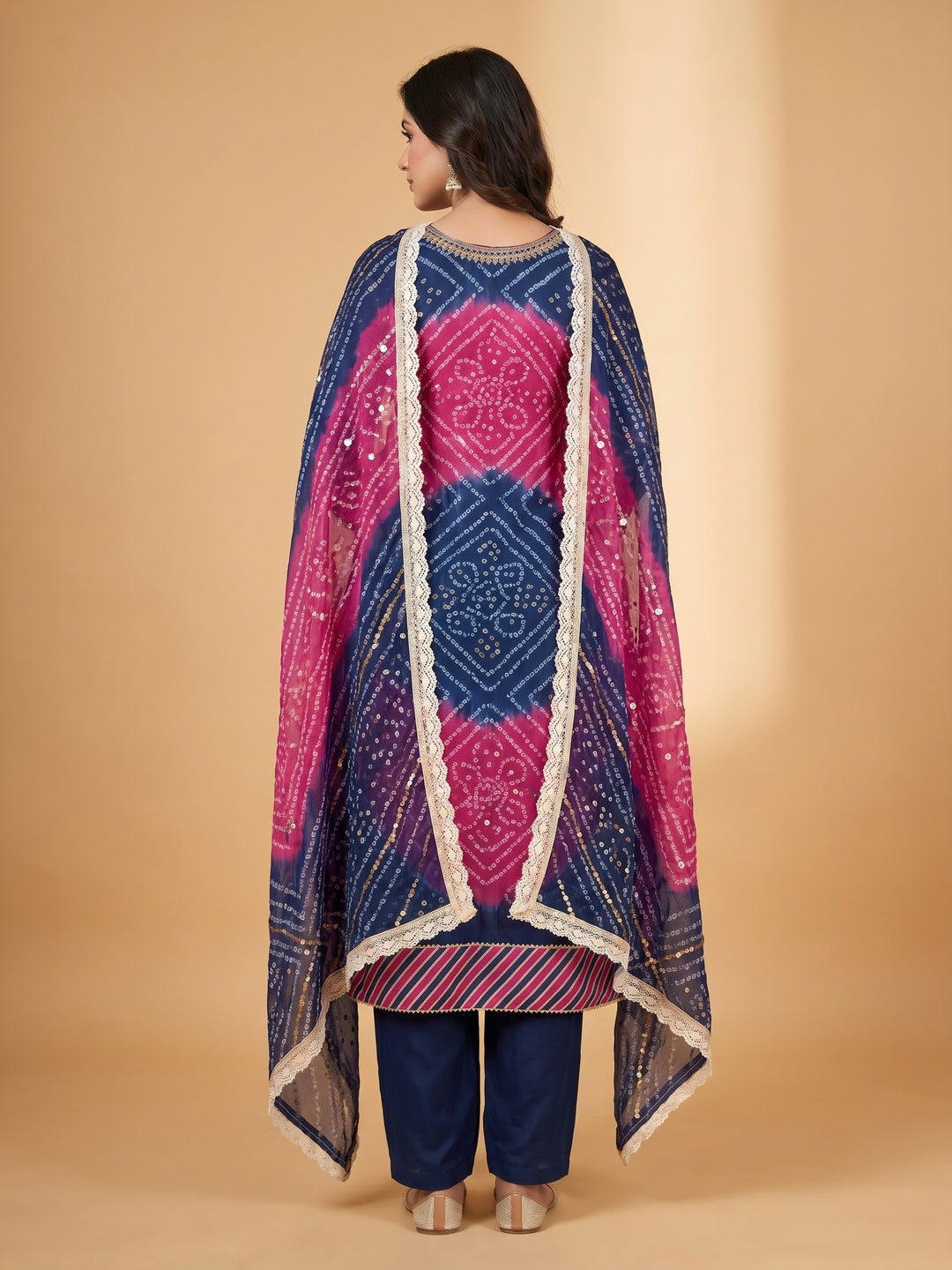 Blue & Pink Sequins Embroidered Organza Dress Material - Image 2
