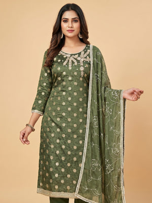 Mehandi Green Woven Banarasi Silk Dress Material - Image 1