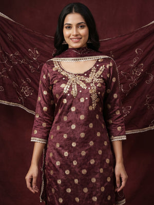Maroon Woven Banarasi Silk Dress Material - Image 1