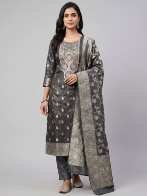 Grey Woven Banarasi Silk Dress Material - Image 1