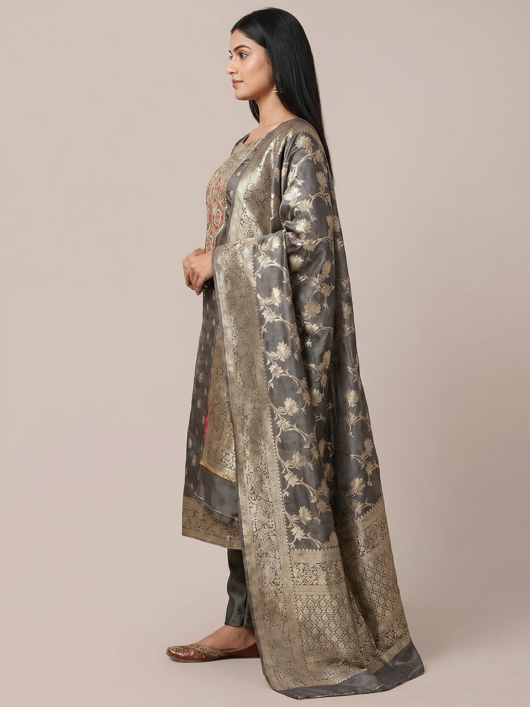 Grey Woven Banarasi Silk Dress Material - Image 3
