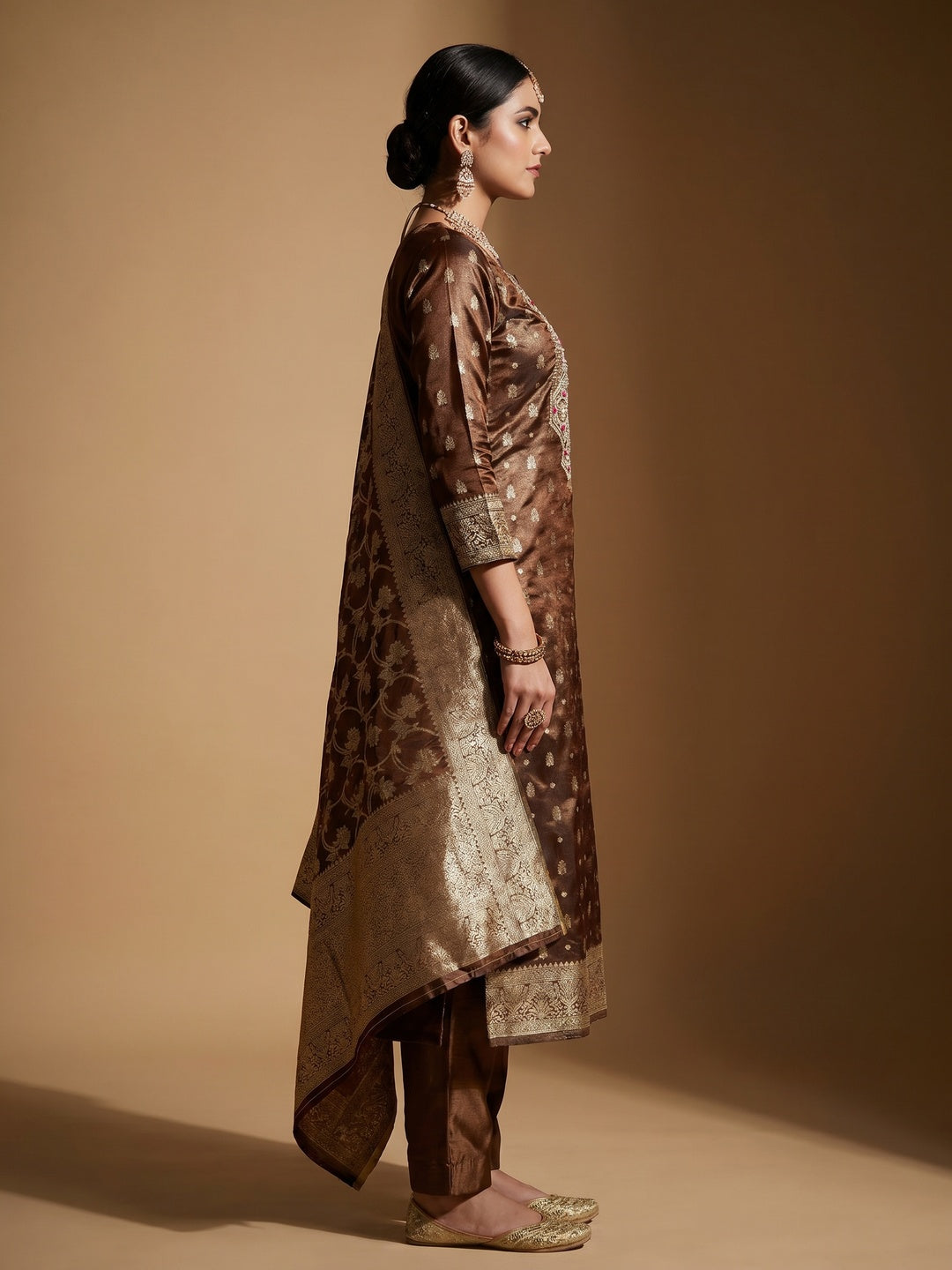 Brown Woven Banarasi Silk Dress Material - Image 3
