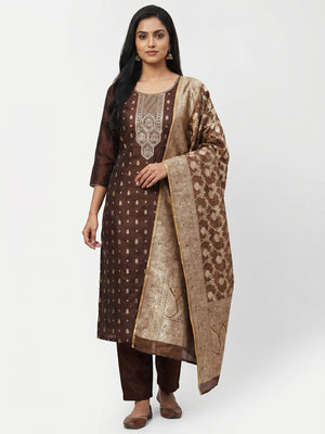 Dark Brown Woven Banarasi Silk Dress Material - Image 1