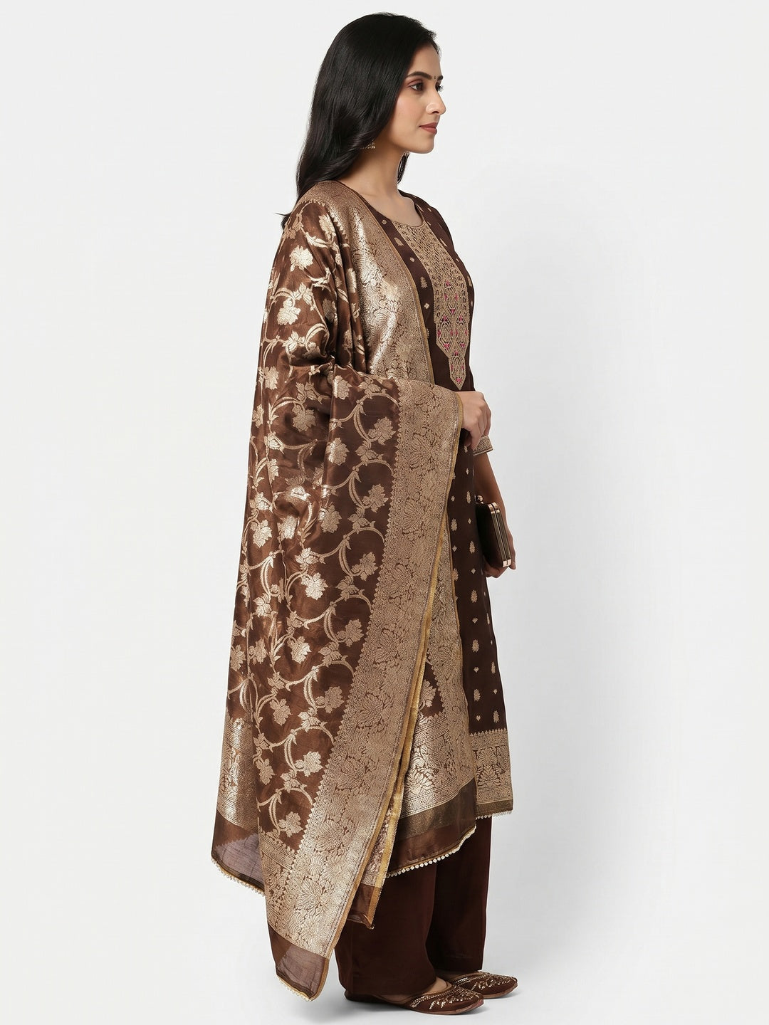 Dark Brown Woven Banarasi Silk Dress Material - Image 2