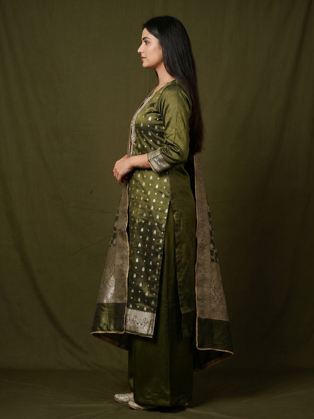 Mehandi Green Woven Banarasi Silk Dress Material - Image 2