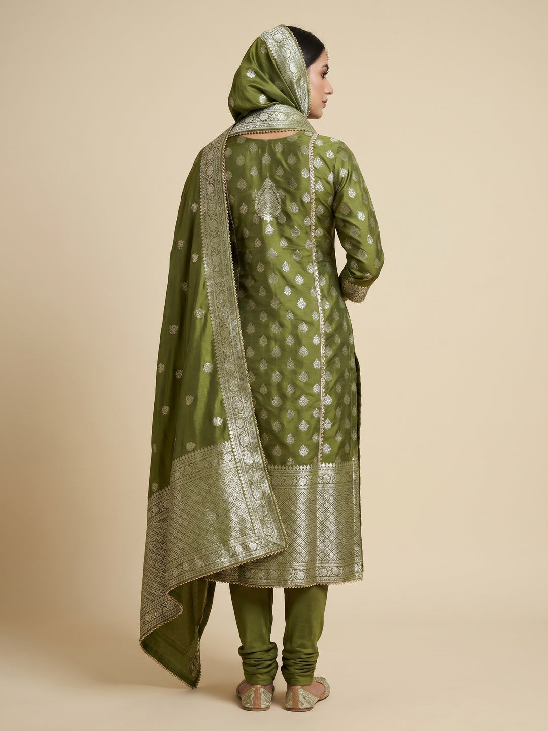 Mehandi Green Woven Banarasi Silk Dress Material - Image 3