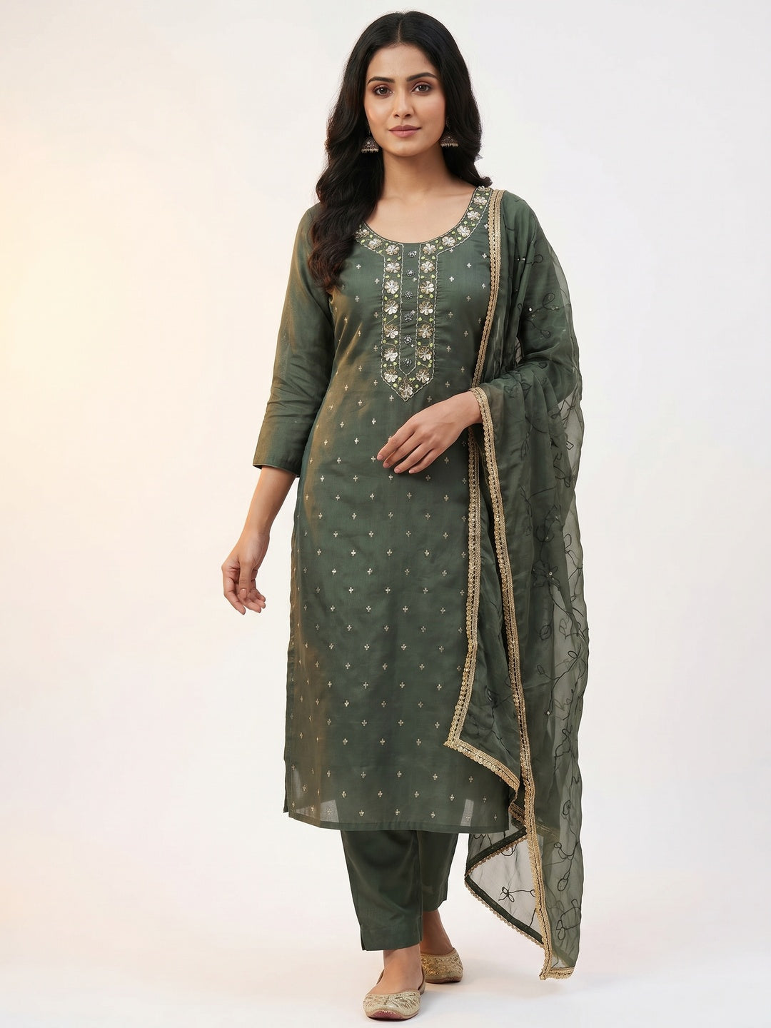 Green Woven Chanderi Silk Dress Material - Image 1