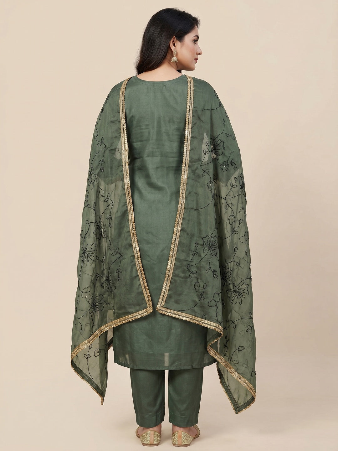 Green Woven Chanderi Silk Dress Material - Image 3