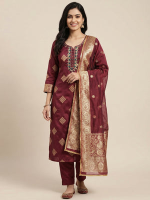 Maroon Woven Banarasi Silk Dress Material - Image 1