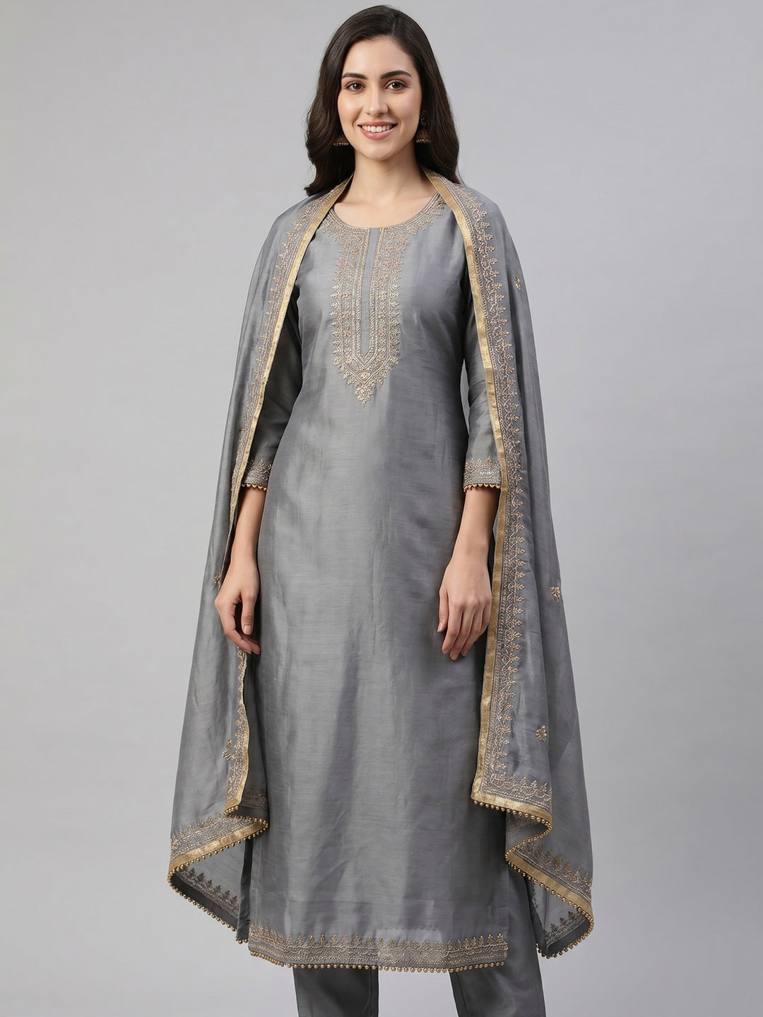 Grey Woven Chanderi Silk Dress Material - Image 1