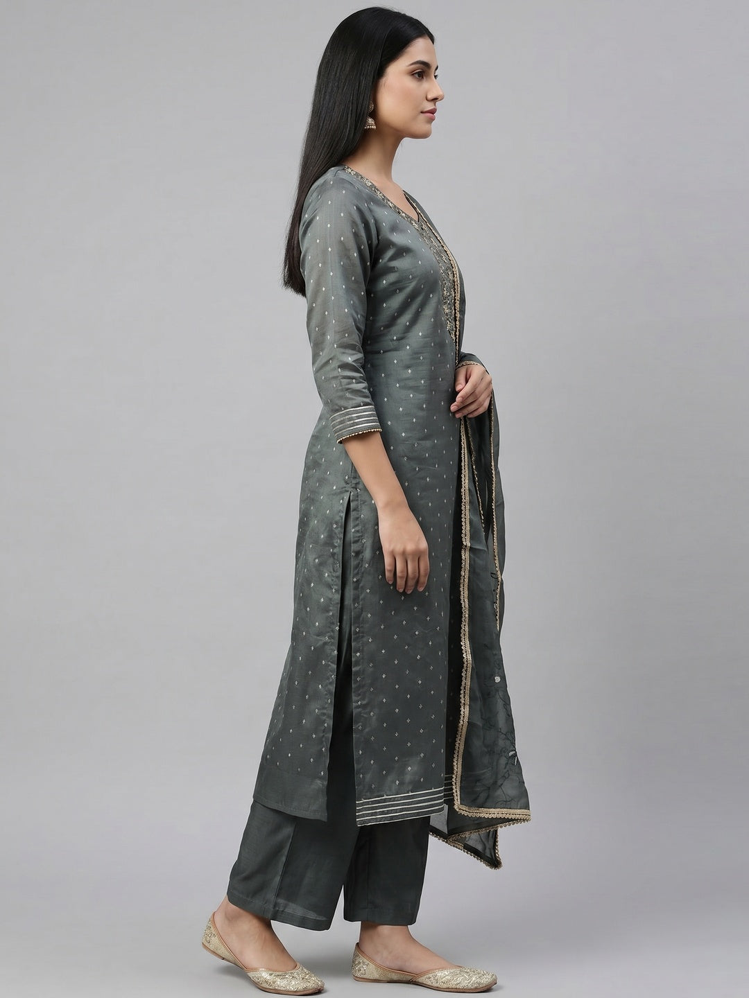 Grey Woven Chanderi Silk Dress Material - Image 3