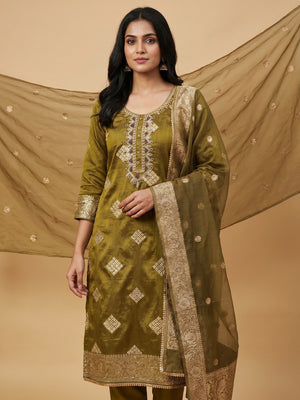 Olive Green Woven Banarasi Silk Dress Material - Image 1
