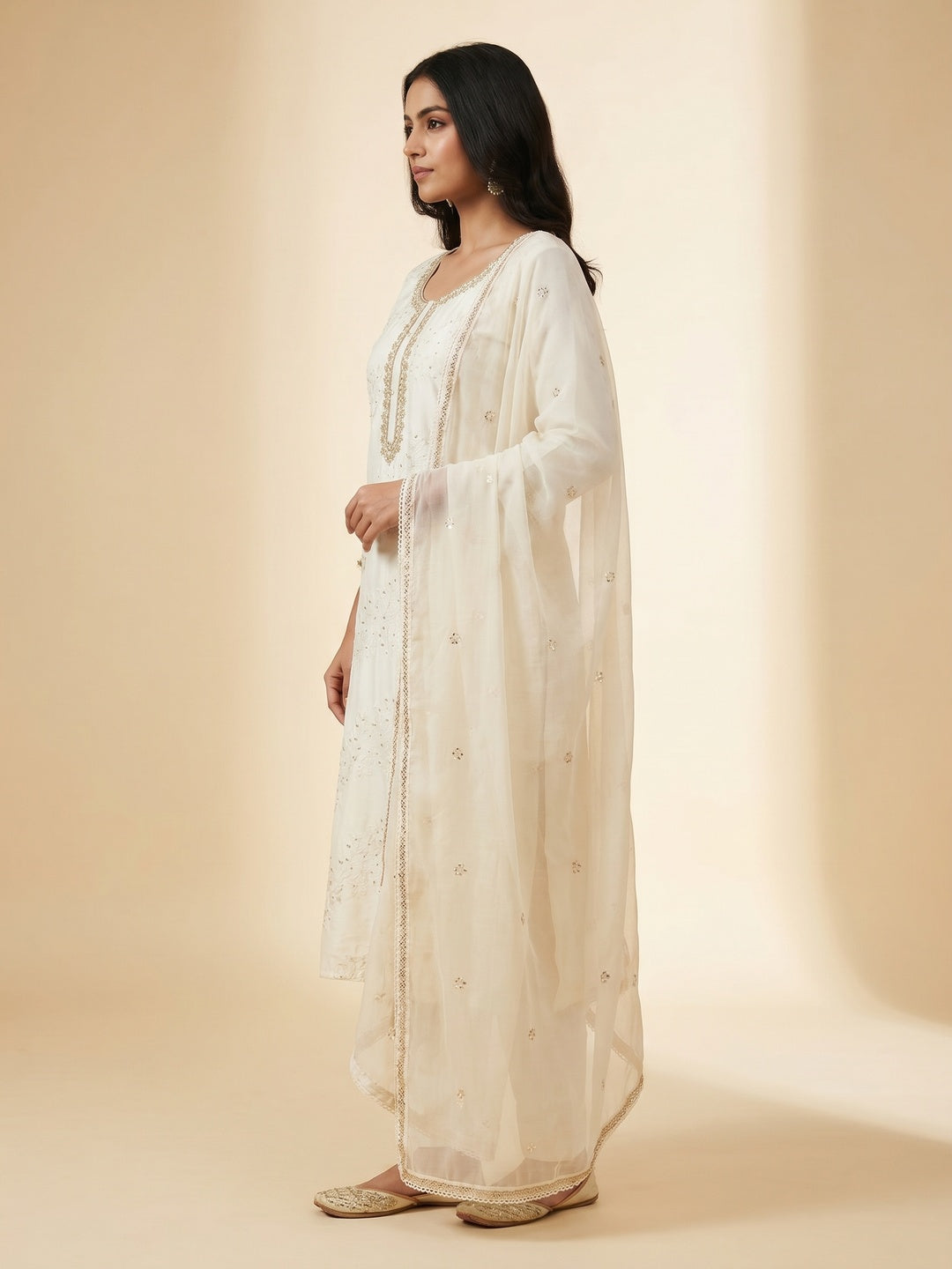 Off White Embroidered Cotton Blend Dress Material - Image 3