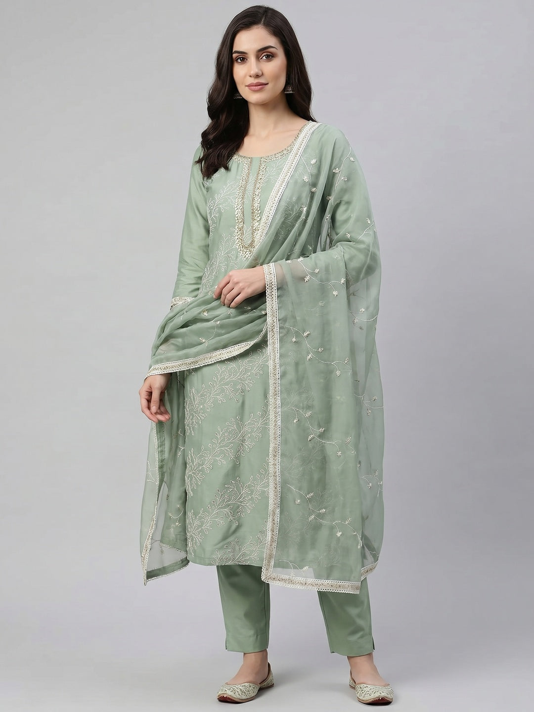 Dusty Green Embroidered Cotton Blend Dress Material - Image 1