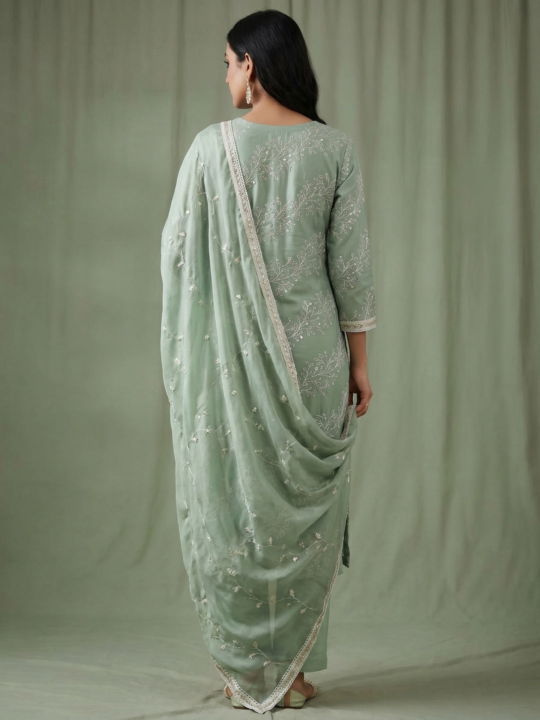 Dusty Green Embroidered Cotton Blend Dress Material - Image 3