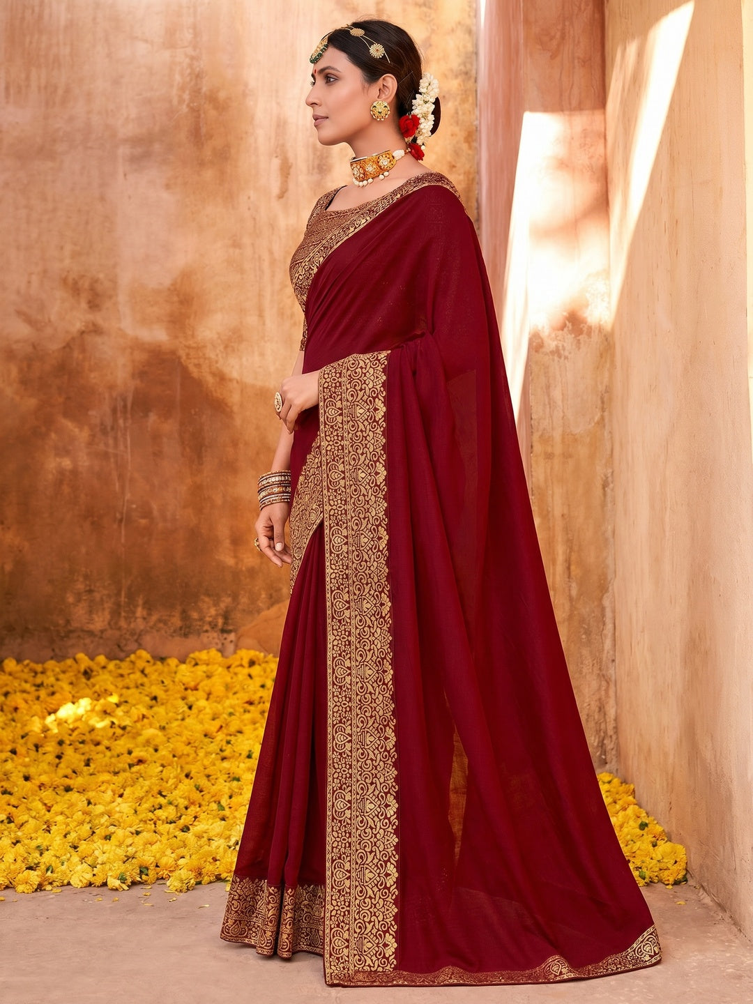 Maroon Solid With Jacquard Border Vichitra Silk Saree - Image 1