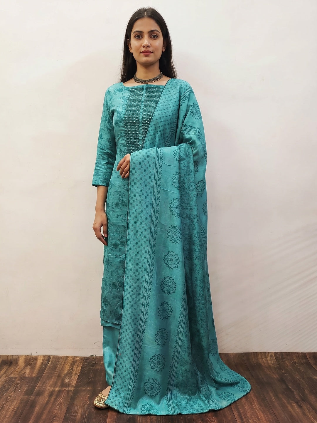 Rama Blue Sequins Embroidered Vichitra Silk Dress Material - Image 1