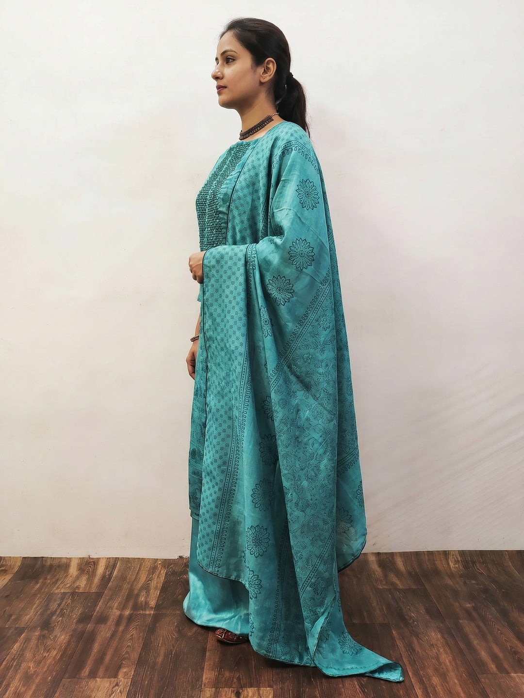 Rama Blue Sequins Embroidered Vichitra Silk Dress Material - Image 3
