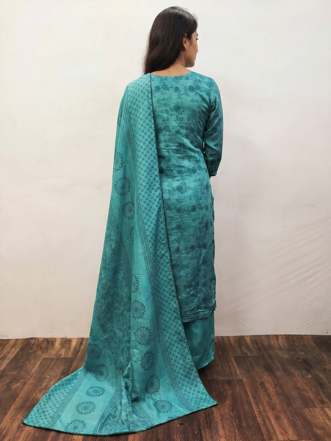 Rama Blue Sequins Embroidered Vichitra Silk Dress Material - Image 2