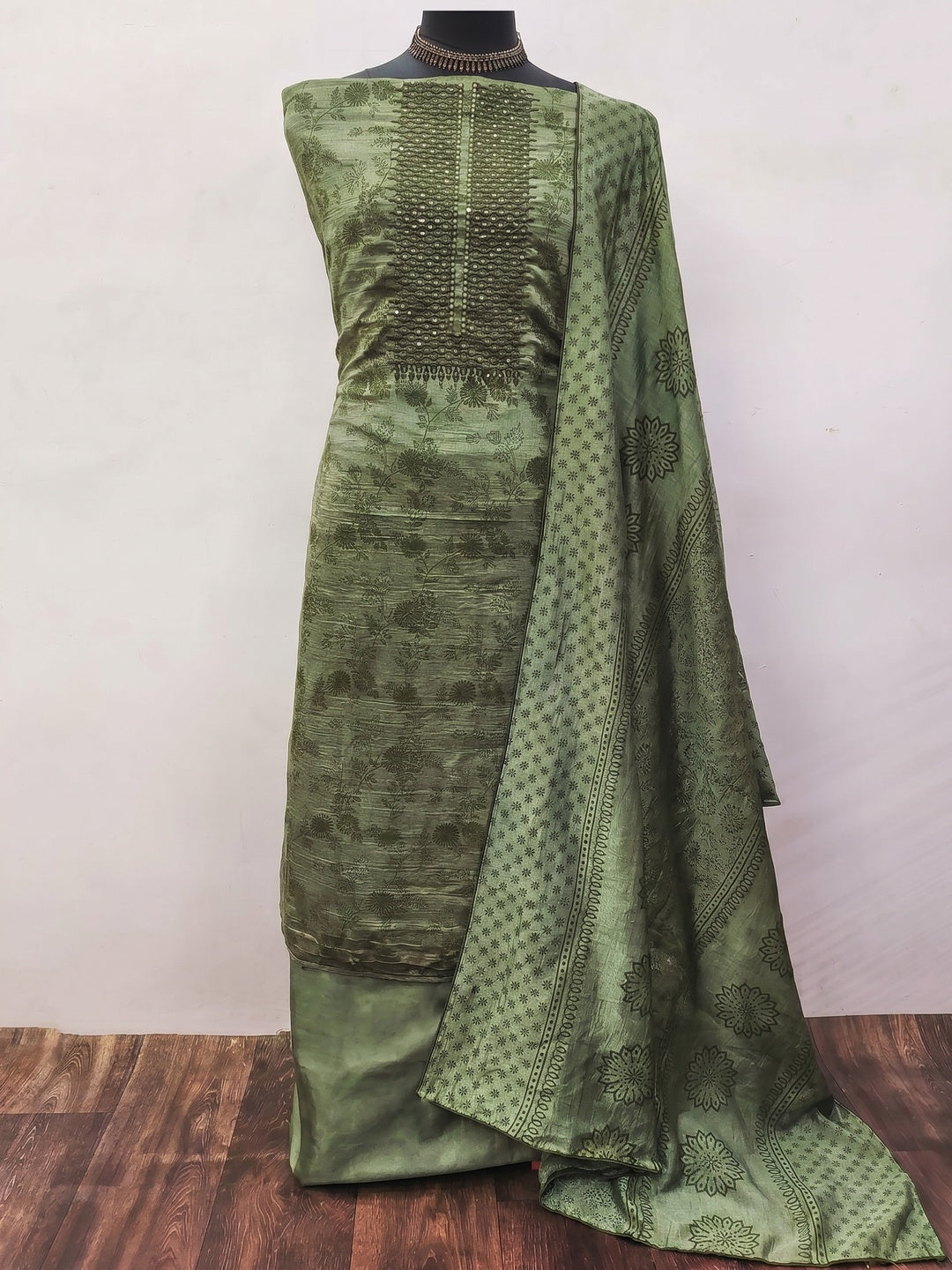Green Sequins Embroidered Vichitra Silk Dress Material - Image 1