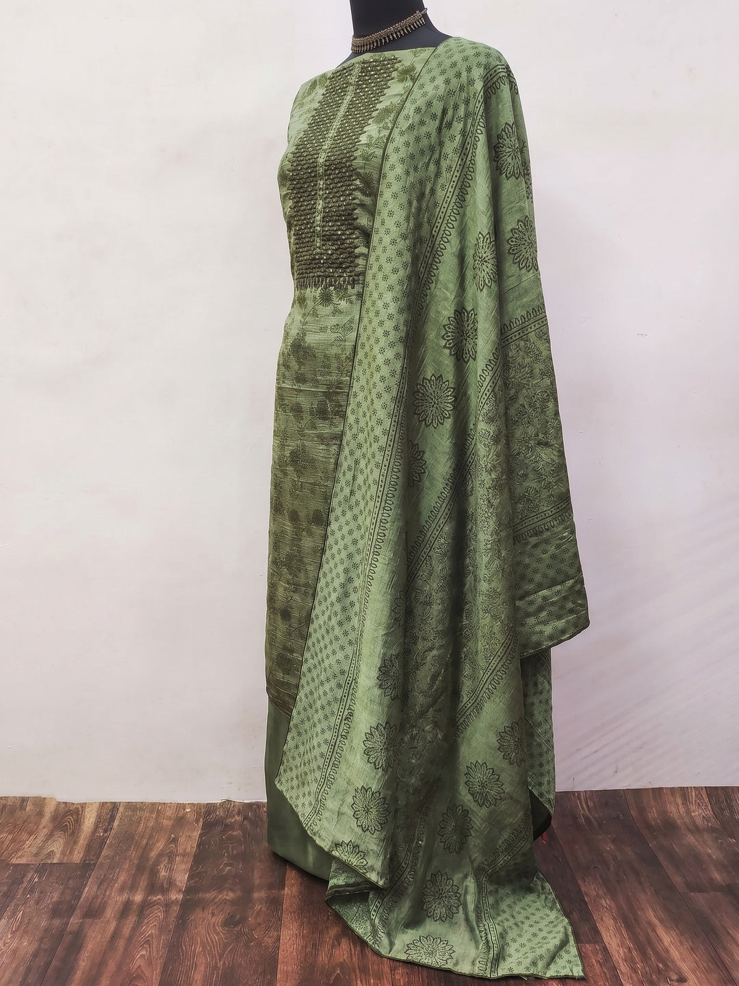 Green Sequins Embroidered Vichitra Silk Dress Material - Image 2
