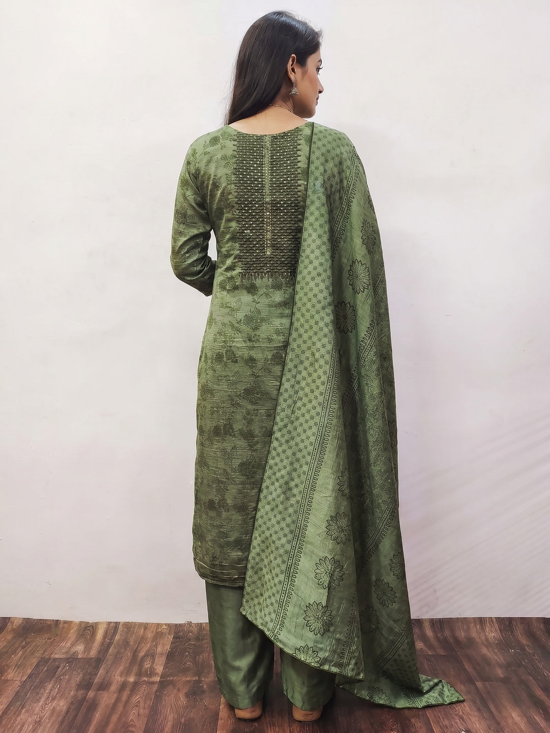 Green Sequins Embroidered Vichitra Silk Dress Material - Image 3