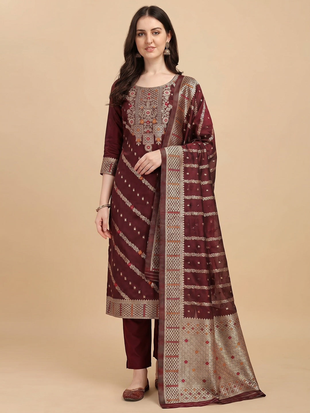 Maroon Floral Woven Banarasi Silk Dress Material - Image 2