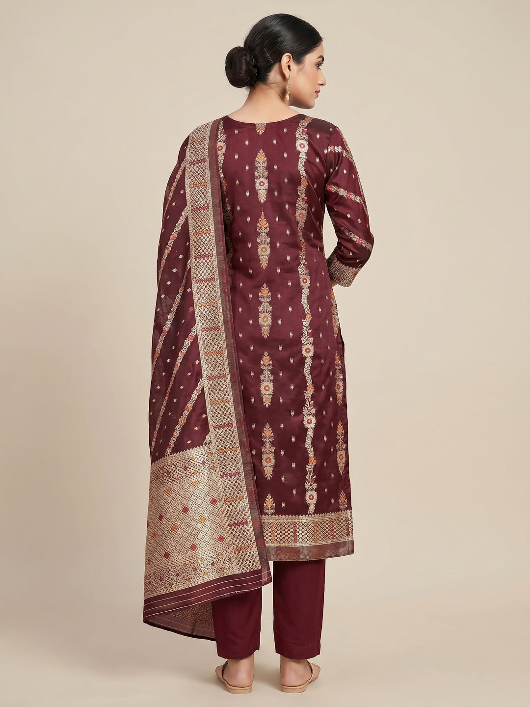 Maroon Floral Woven Banarasi Silk Dress Material - Image 3
