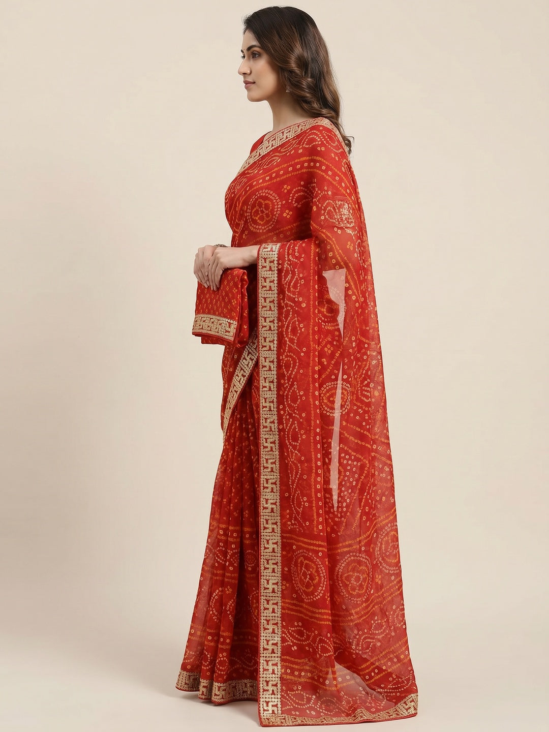 Red Bandhani Printed With Embroidered Border Chiffon Saree - Image 1