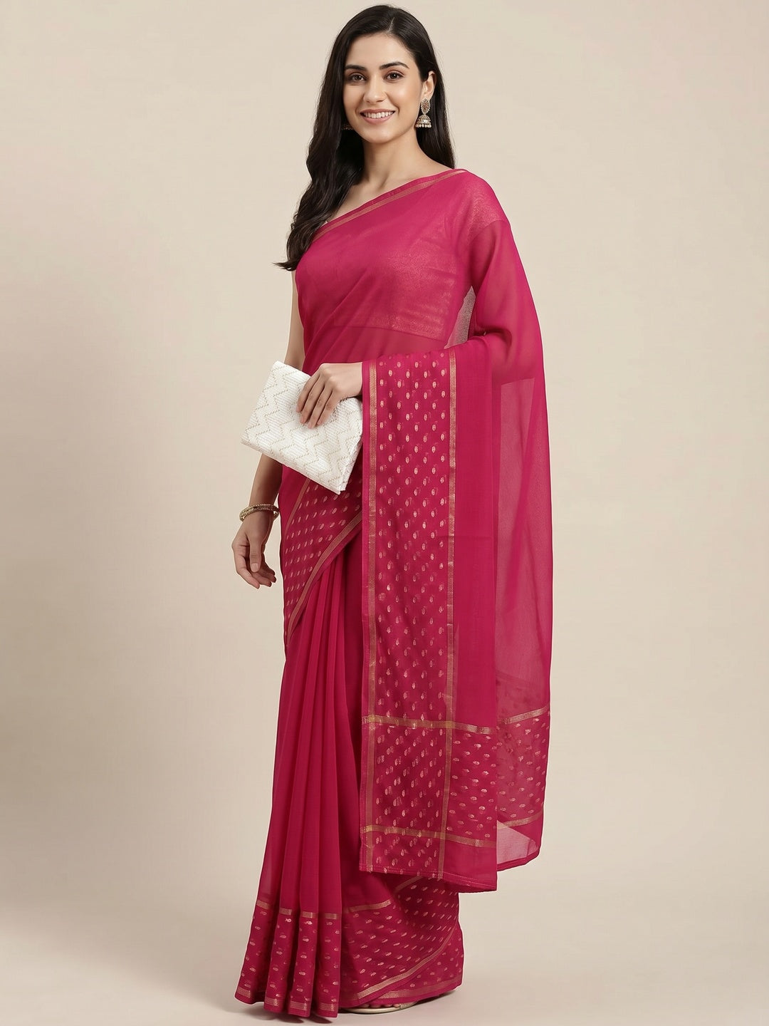 Pink Woven Georgette Saree With Tassels - Image 1