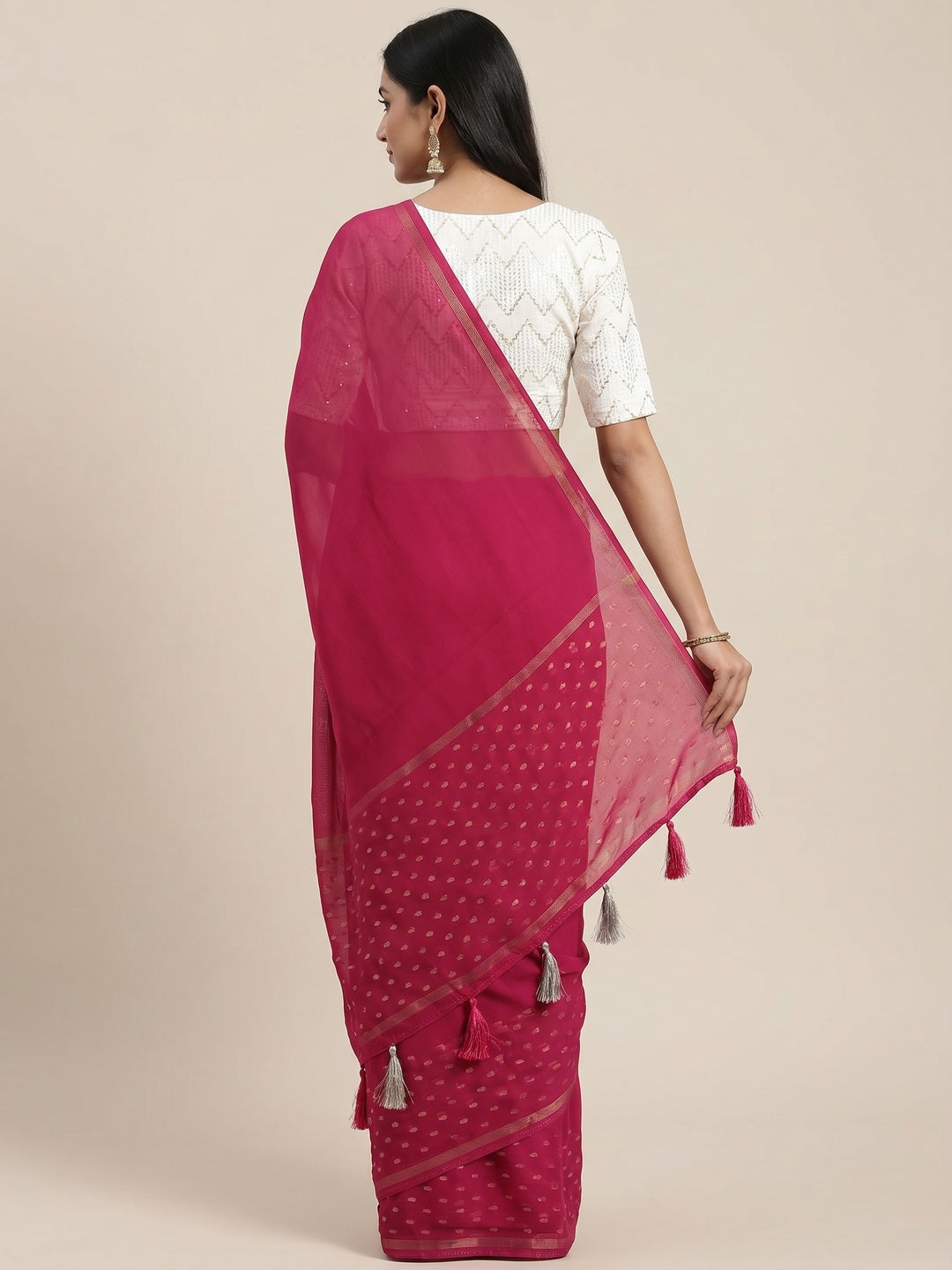 Pink Woven Georgette Saree With Tassels - Image 2