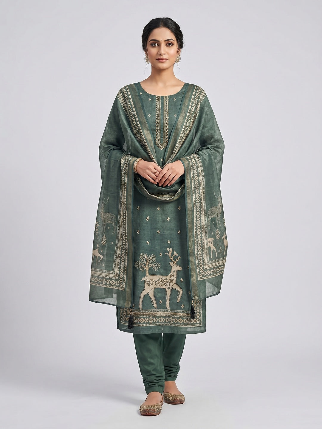 Peachmode Green Linen Dress Material with Ethnic Motifs - Image 2