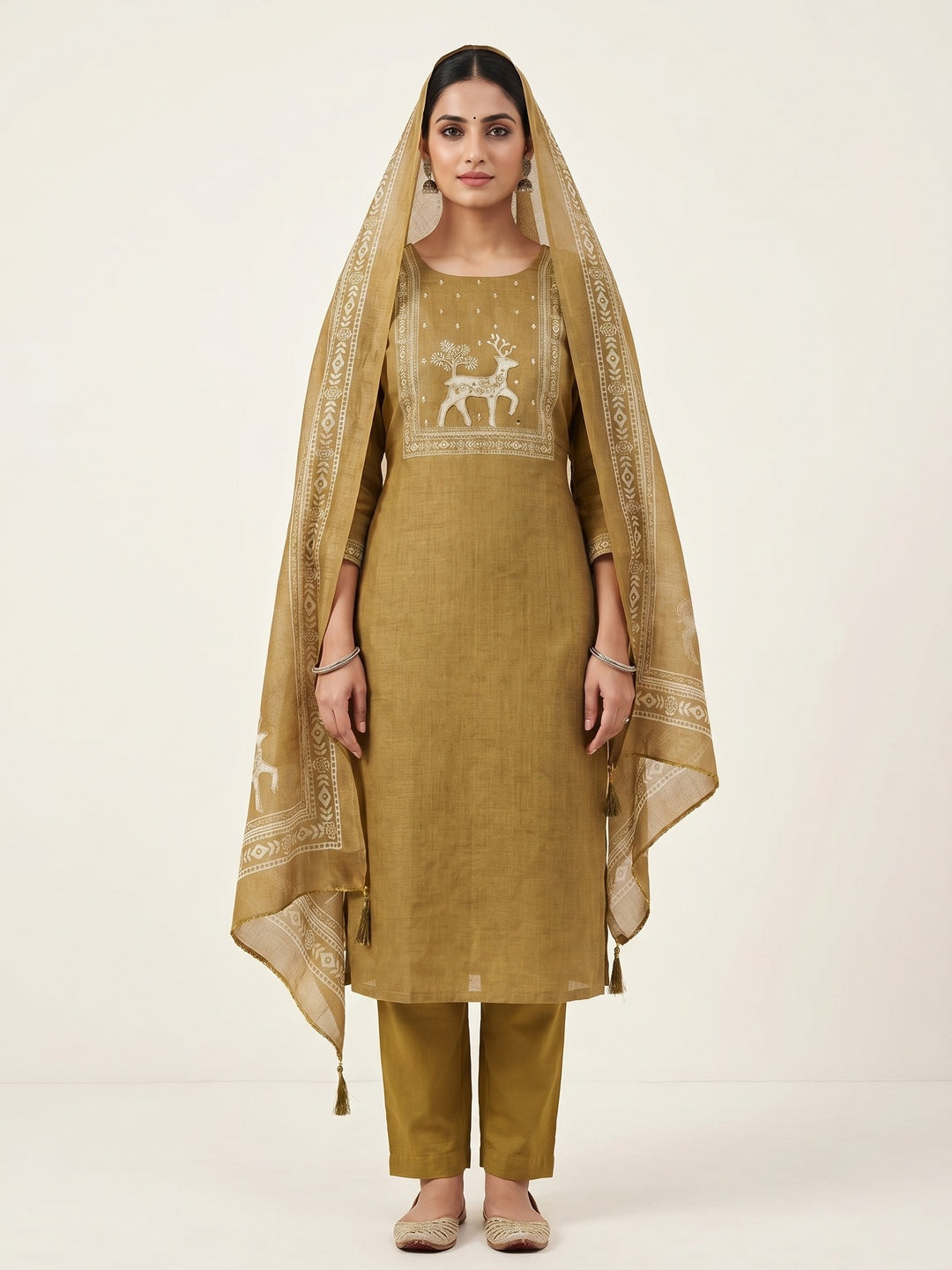 Peachmode Mustard Linen Dress Material with Ethnic Motifs - Image 2
